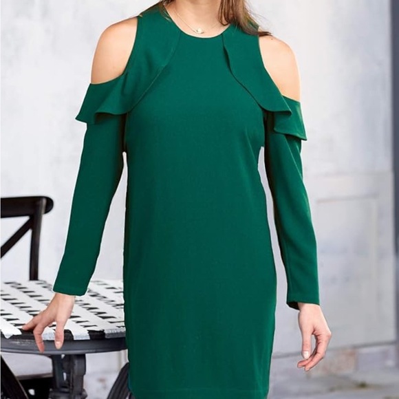 💚 MUD PIE Green Ruffle Cold Shoulder Sleeve Dress Size Small - Picture 1 of 9